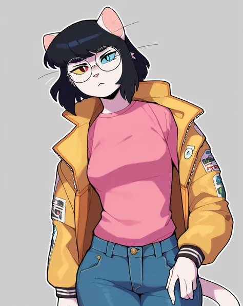 score_9_up, score_8_up, score_7_up, score_6_up, half-length portrait, cat, medium breasts, black hair, white body, heterochromia, jacket, female, round glasses, jeans, white sneakers, cat tail, looking at viewer, solo, neutral expression, three-quarter vie...