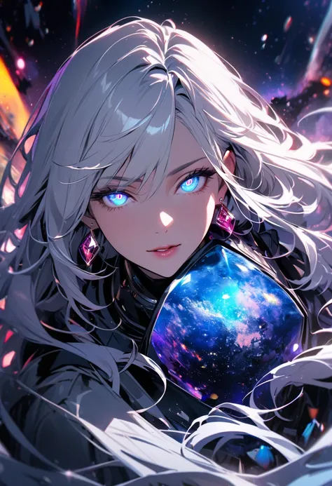 girl, solo, long hair, white hair, two color eyes, one blue eye, one purple eye, glowing eyes, diamond earrings, beautiful color, high detail, mature, universe, macro picture, cool