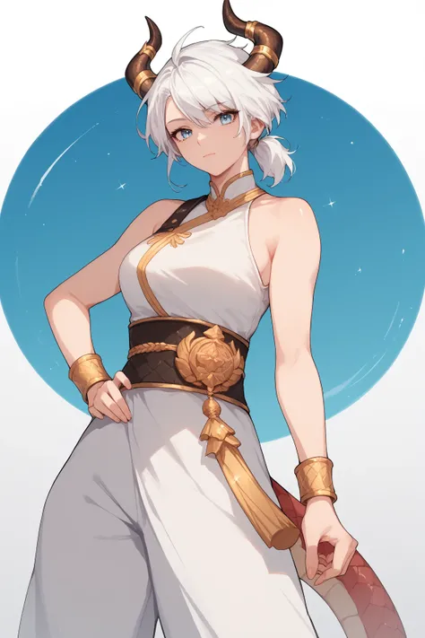 Woman, fair skin, blue eyes, white hair, short hair,Ponytail , anime style, White dress, gold sash, gold wristband, black wide pants,,Horns, dragon scales 