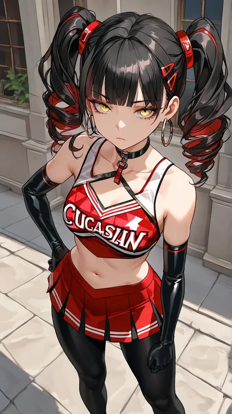 1Girl, Mature, Caucasian, Canadian, Light Skin, Long Curly Jet Black Hair With Red Highlights, Twintails, Yellow Eyes, Medium Chest, Black And Red Cheerleader Uniform, Black Arm Sleeve, Black Pantyhose, Black Choker, Yellow Hair Clips, Hoop Earrings, Looki...