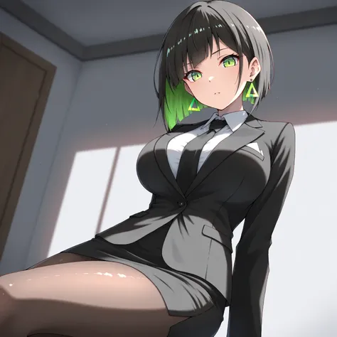 masterpiece, (((( best quality )))),1 girl, Japanese Anime ,,shiny skin, wearing a black suit,skirt suit, black tie , dark hair, short bob hair,The inner color of the hair is green, green eyes,isosceles triangle earrings, black tights,large breasts