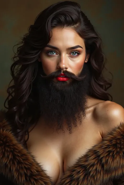 intricate detailed portrait of a brunette woman with a lush full beard, hyperrealistic, intricate detailed facial features, beautiful eyes, beautiful make-up done with foundation and red lips, long eyelashes, soft lips, flawless skin, elegant expression, d...