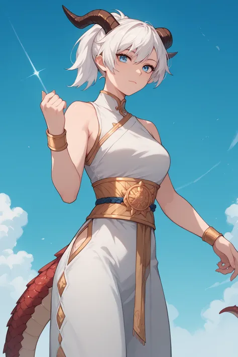 Woman, fair skin, blue eyes, white hair, short hair,Ponytail , anime style, White dress, gold sash, gold wristband, black wide pants,,Horns, dragon scales 