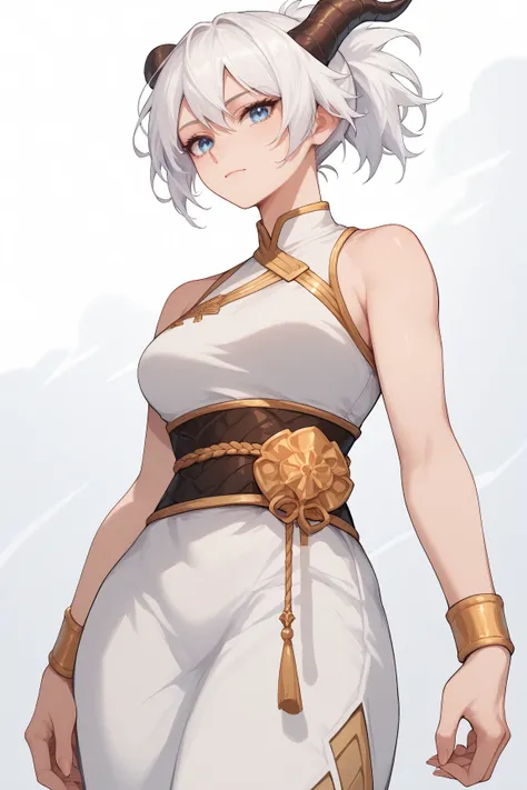 Woman, fair skin, blue eyes, white hair, short hair,Ponytail , anime style, White dress, gold sash, gold wristband, black wide pants,,Horns, dragon scales 