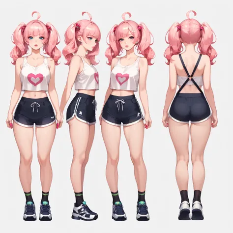  score_9,  score_8_up,  score_7_up,  score_6_up,  Character Design Page , Alone,  1girl, ( light red hair,  woven :1.3), perfect lips,  penetrates , (cute gym girl),  white dolphin shorts, cropped white tank ,  black tights 、 sneakers,  frontal body view, ...