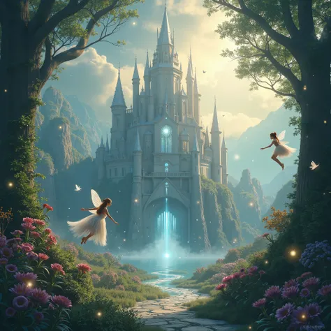 Magical dreamland, Magic Castle,  fantasy、Fairies are flying a lot、A sparkling light dances、Light-filled、 beautiful