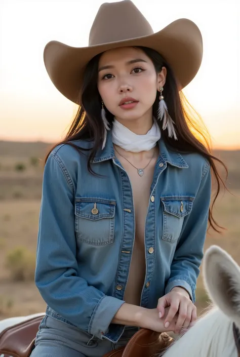       Extremely Slim Body   ,   Extremely Exquisite Face    ,    best quality   ,      Close-up of Korean Beauty Model     ,earth color，Full Set Denim Shirt Horse Pants，Leather Boots，  Rolled up cuffs   ，Sexy open chest button with white translucent scarf ...