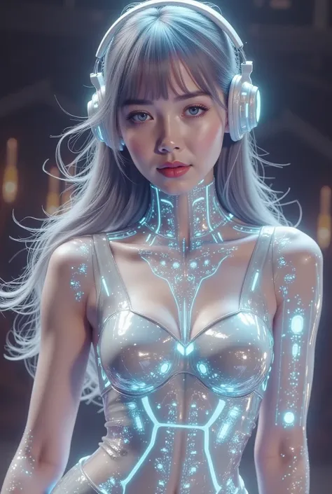 ( Masterpiece:1.2,  exceptional quality   ,Mirror Finish ,   Cinematic Experience   ,  best illustrations :2.0, very detailed.2.0),16k,  wallpaper,(Transparent virtual idol woman  :2.0),(   she is projected as a hologram on the concert venue :2.0),( dance:...