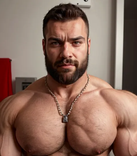 a man with a beard and a chain around his neck, hairy chest, hairy chest and hairy body, hairy bodies, husky,  hirsute and muscular ,  strong masculine features , hairy chest, very hairy bodies,  Full hairy human body , bare hairy chest,  strong and impres...