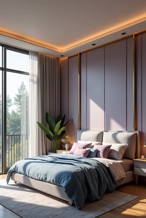 light purple, light blue,gold and grey large and spacious modern bedroom for a  rich and funny old girl with big windows in very modern house