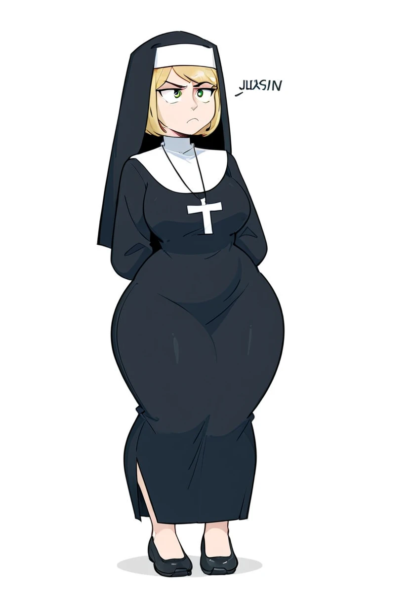 (score_9,score_8_up,score_7_up), 1girl, solo, plain white background, standing, entire body shown, Nun outfit, facing forward, hair covered, fair skin, annoyed, wide hips,fementweak,thick thighs, wide hips, curvy, voluptuous, plump, narrow shoulders, thin ...