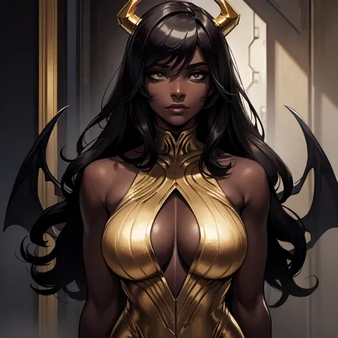 ( better quality,4k,8K, high resolution , masterpiece:1.2), ultra-detallada, (realistic,fotorrealistic, fotorrealistic:1.37),  mature woman with ebony skin ， long silver hair , Llevando un  gold dress delgado y dorado,  curvilinear,  There are big black de...