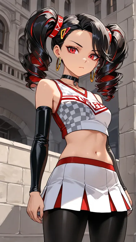 1Girl, Mature, Caucasian, Canadian, Light Skin, Long Curly Jet Black Hair With Red Highlights, Twintails, Red Eyes, Medium Chest, Black And Red Cheerleader Uniform, Black Arm Sleeve, Black Pantyhose, Black Choker, Yellow Hair Clips, Hoop Earrings, Looking ...