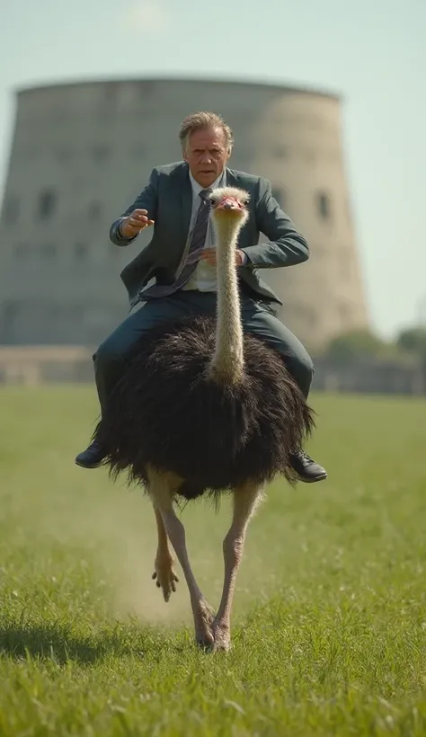 Riding on an ostrich,  wearing a suit and tie, on a field with green grass and a concrete building in the background, He's running towards the camera