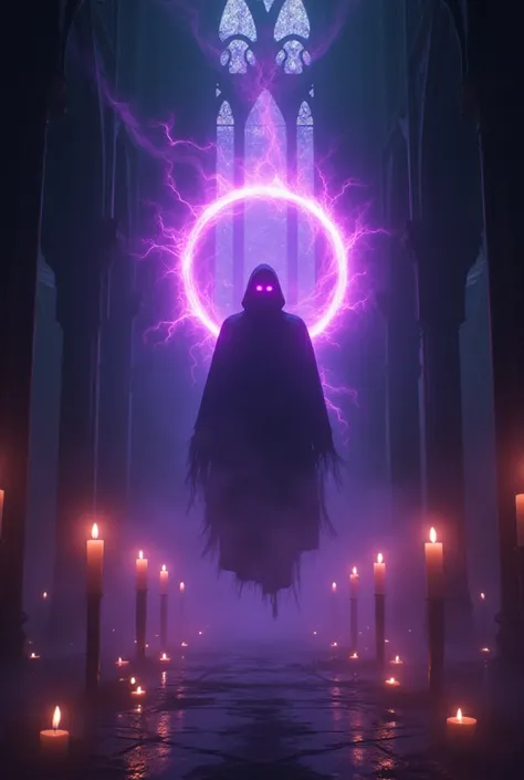 A 5-second cinematic animation of a dark Gothic cathedral setting, featuring a mysterious figure levitating with glowing purple energy tendrils swirling around his. The figure's eyes pulse with a fiery purple glow, and the energy halo behind his slowly exp...