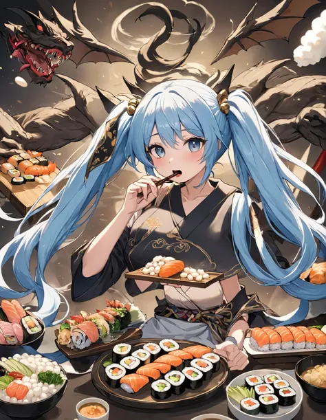 A beautiful girl with long light blue hair and twin tails, throwing white beans at demons to kill them, eating long sushi rolls.