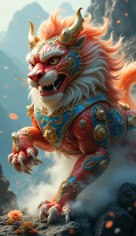 A majestic mechanical lion with an ornate, fantasy-inspired design, blending Eastern mythology and Chinese aesthetics. The creature has intricate swirling patterns, golden filigree, and vibrant red and blue metallic armor. Flowing, cloud-like fur and decor...