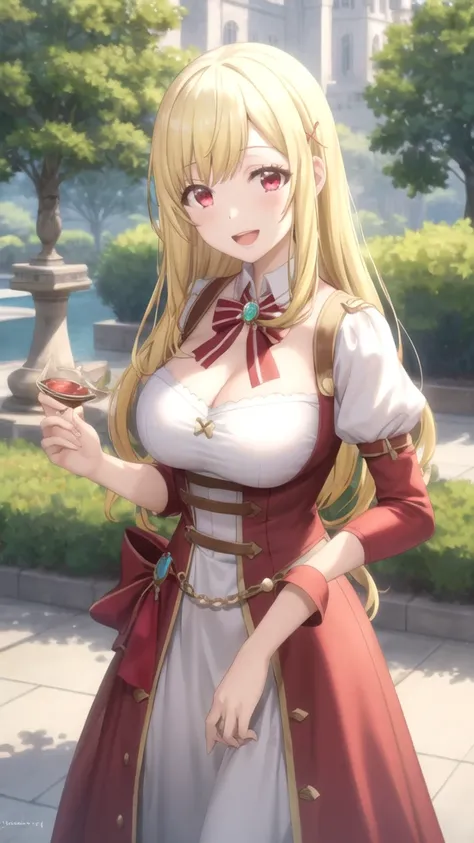 Masterpieces, Best Quality, girl, looking at viewer, yamada_yellow, blonde hair, solo, long hair, hair ornament, x hair ornament, red eyes, large breasts, princess connect ReDive cosplay, princess Dress, standing, smile, open mouth, outdoors 