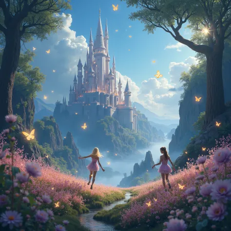 Magical dreamland, Magic Castle,  fantasy、Fairies are flying a lot、A sparkling light dances、Light-filled、 beautiful、Butterfly flies、Flower Field、Mysterious