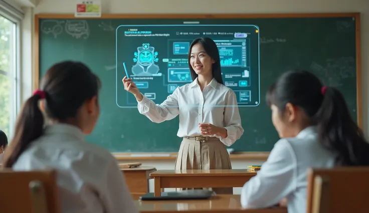 An Asian teacher is teaching young students in a traditional classroom using AI technology. The students are neatly dressed in age-appropriate school uniforms, attentively engaged, and happy. The teacher is interacting with an AI-powered hologram or a digi...