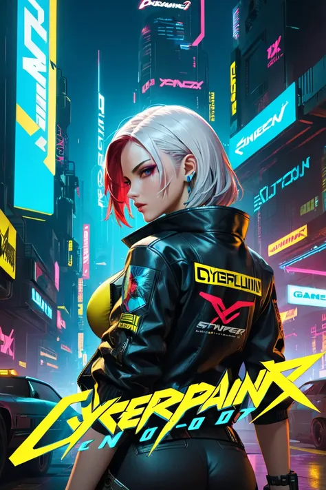 Cyberpunk 2077, game cover depicting a female character holding a pistol against a yellow background in a full-body shot, big breast, red hair,  in the style of a game poster. The game title "Cyberpunk 2077" appears above the character's head in bold lette...