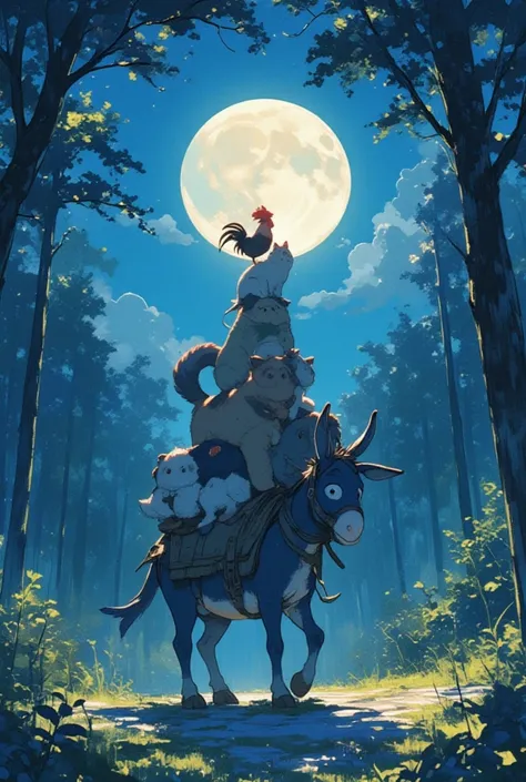 watercolor, ultra detailed anime, On a full moon night, in the quiet forest, a plush donkey is walking slowly. On its back sits a plush dog, and balancing on top of the dog is a plush cat. Standing firmly on the cat is a plush rooster, and the four of them...