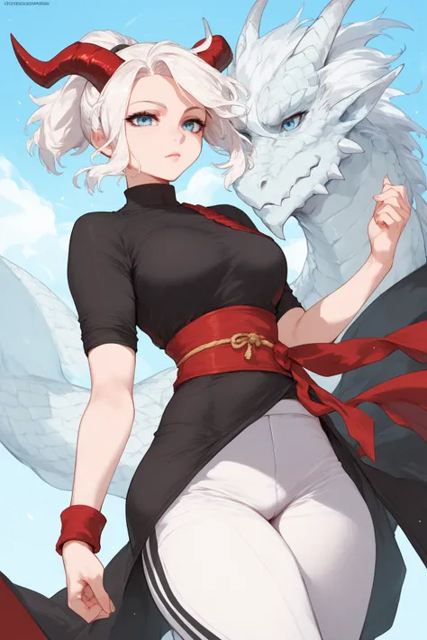 Woman, fair skin, blue eyes, white hair, short hair,Ponytail , anime style, Black dress Red details , red sash, red wristband, white wide pants,,Horns, dragon scales 