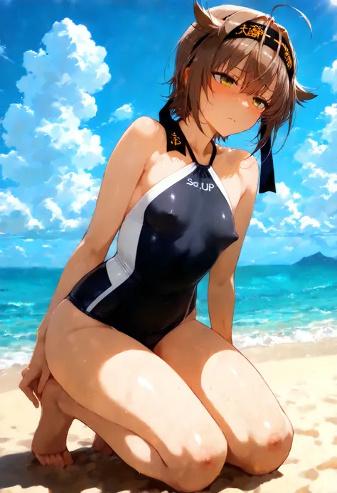 hatsuzukikc, short hair, headband, clothes writing, hair flaps,, hachimaki,, black headband,  small tits,  flat chest,,, (スクール swimsuit), , null,  swimsuit, , Chest, cloud, 1 collarb, green_null,  _ lighting, day,  full body view,  full body, Sandy Beach, ...