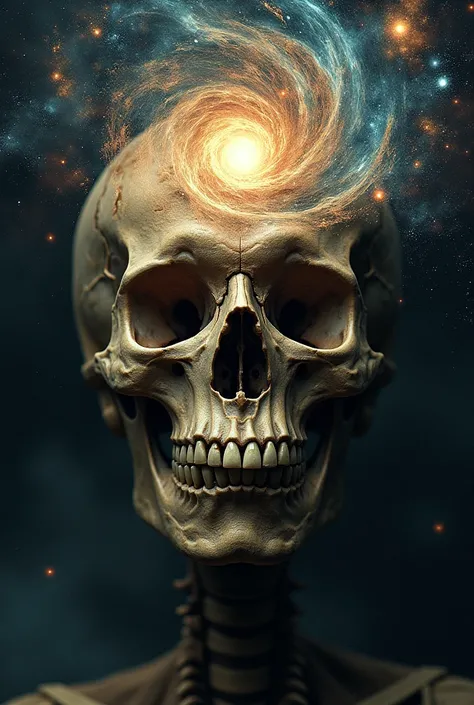 A human skull with the universe emanating from within the pineal gland area in the center of the forehead