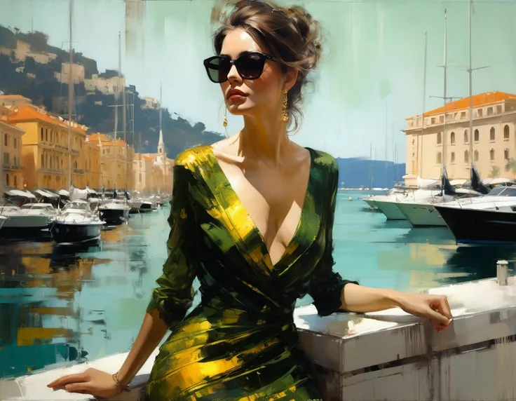 painting of a young woman, with a BLACK, OCHRE, GREEN and gold dress, SUNGLASSES, ELEGANT CHAPEL...PIER WITH YACHT AND SAILBOATS, ITCHBOARDS,...MONACO LANDSCAPE, BACKGROUND LANDSCAPE WITH NATURAL, REALISTIC AND SOFT COLORS, , 10am...lots of flowers,,,,, up...