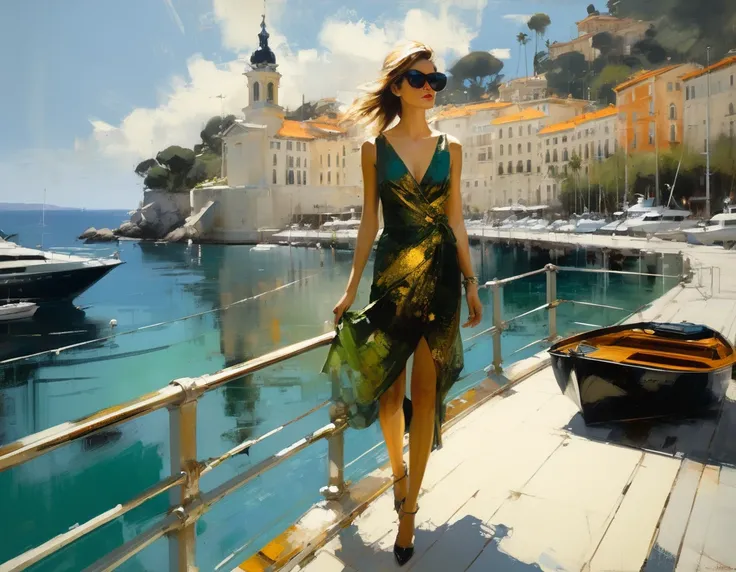 painting of a young woman, with a BLACK, OCHRE, GREEN and gold dress, SUNGLASSES, ELEGANT CHAPEL...PIER WITH YACHT AND SAILBOATS, ITCHBOARDS,...MONACO LANDSCAPE, BACKGROUND LANDSCAPE WITH NATURAL, REALISTIC AND SOFT COLORS, , 10am...lots of flowers,,,,, up...