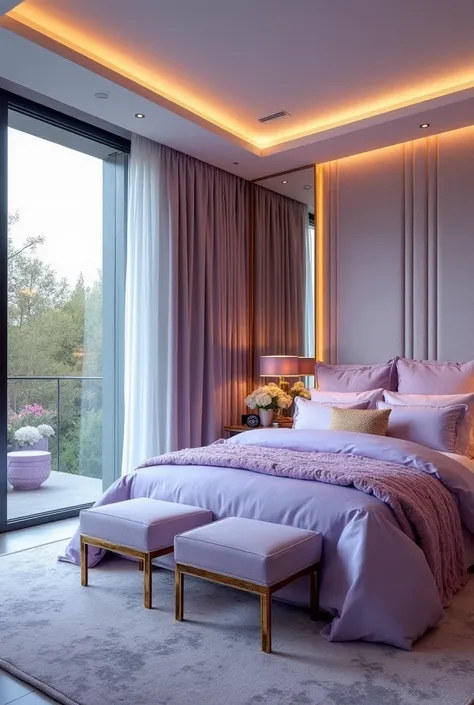 light purple, light blue,gold and grey very large and spacious modern bedroom for a  rich and funny sixteen-year-old girl with big windows in a very modern house which gives princess vibes