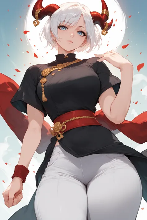 Woman, fair skin, blue eyes, white hair, short hair,, anime style, Black dress Red details , red sash, red wristband, white wide pants,,Horns, dragon scales 