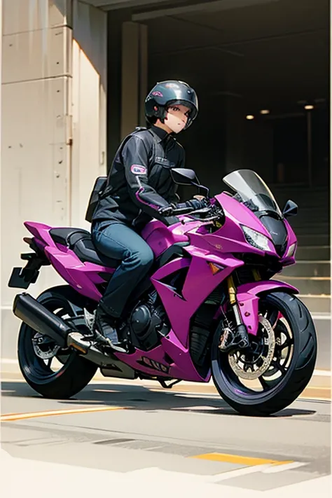  a thin neutral man sitting at the edge of the road。 a motorcycle and helmet beside him 。 black cats are nearby 。Imagine purple and white 
