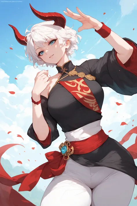 Woman, fair skin, blue eyes, white hair, short hair,, anime style, Black dress Red details , red sash, red wristband, white wide pants,,Horns, dragon scales 