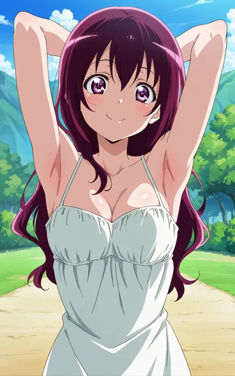 masterpiece, best quality, amazing quality, anime screencap, 1girl, solo, ikoyo hoshizora, purple eyes, purple hair, long hair, white outfit, cleavage, sleeveless, bare shoulders, bare arms, arms behind head, armpits, head towards viewer, looking at viewer...