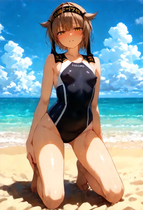 hatsuzukikc, short hair, headband, clothes writing, hair flaps,, hachimaki,, black headband,  small tits,  flat chest,,, (スクール swimsuit), , null,  swimsuit, , Chest, cloud, 1 collarb, green_null,  _ lighting, day,  full body view,  full body, Sandy Beach, ...