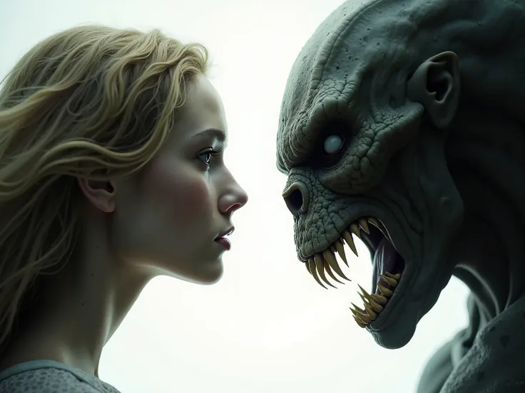 Close-up of a face of two heads in profile, sideways and opposite, one beautiful blonde woman looking into the future, the other monstrous and predatory. White background.