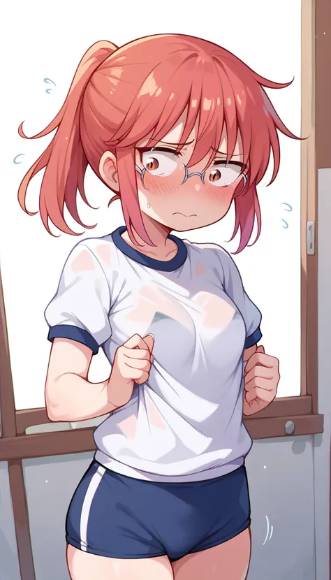 kobayashi \(maidragon\), 1girl, red hair, medium hair, ponytail, brown eyes, glasses, small breasts, red face, embarrassed, Ashamed, Gym uniform 