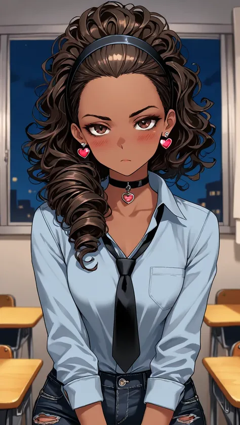 1Girl, Mature, Ebony, African American, Dark Skin, Jet Black Curly Hair, Long Ponytail, Dark Brown Eyes, Medium Chest, Black Button-Up Long-Sleeve Shirt, Black Ripped Jeans, Black Tie, Heart Earrings, Black Hairband, Black Choker, Looking At Viewer, Bored,...