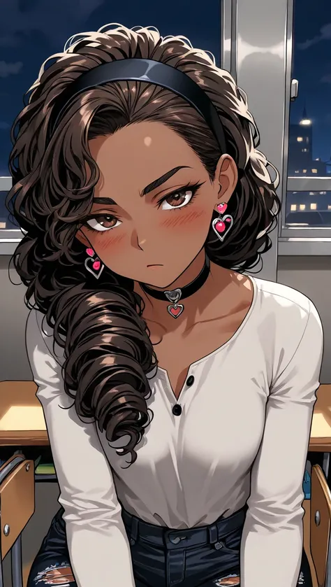 1Girl, Mature, Ebony, African American, Dark Skin, Jet Black Curly Hair, Long Ponytail, Dark Brown Eyes, Medium Chest, Black Button-Up Long-Sleeve Shirt, Black Ripped Jeans, Black Tie, Heart Earrings, Black Hairband, Black Choker, Looking At Viewer, Bored,...