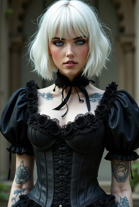 Scandinavian and Japanese woman, 23 years old. Appearance: White bob hair, bright blue eyes, with tattoos on both arms and back. Personality: Serious, introverted, proud and seductive. A dark gothic-lolita temptress wrapped in an exquisite corset of black ...