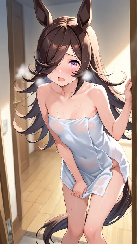 Nsfw, 1girl , rice shower\(Uma Musume\),horse ear、 tousled hair、An open bedroom entrance、break ,Hide the exposed pie with one hand、 towel falls、The face of a towel falling impatiently、、 lean forward、blush、 wet hair、 wet skin、 rough breath、 top quality、mast...