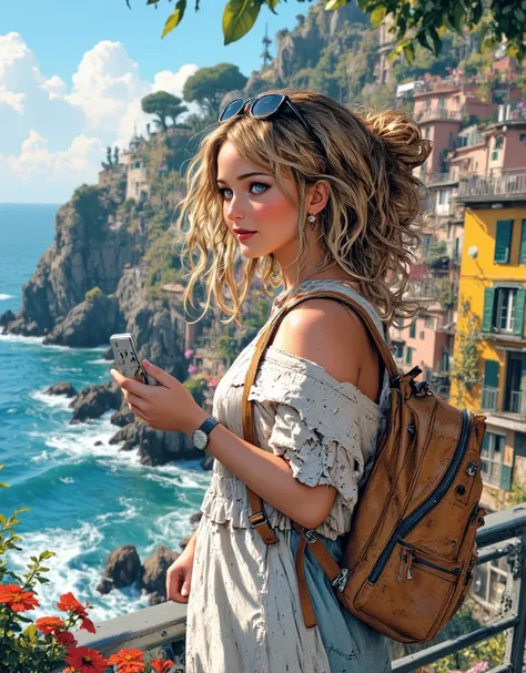 (best quality,8k,realistic,photorealistic:1.2), Hot summer, Chin Quetere Manarola village, nice sky and clouds, nice weather, A beautiful woman smiling brightly with a smartphone In Light, freckle, upper body angle, traveler