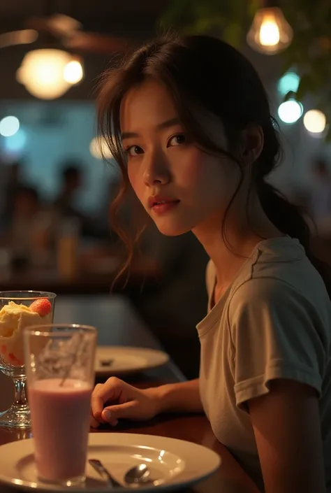  real photo, Of a 20-year-old woman who is seated and can see half a body,  next to a glass of ice cream that is on a restaurant table at night 