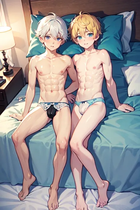 Two boy snuggling in bed ,blushing ,high quality ,masterpiece ,pink hair ,blue eyes ,blonde hair ,green hair ,white hair ,boyish look ,shirtless ,boxers ,abs ,almost naked almost nude ,blonde hair ,blue eyes ,briefs ,briefs only ,bulge feet ,half naked ,pr...