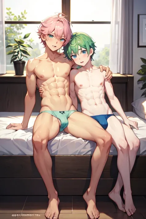 Two boy snuggling in bed ,blushing ,high quality ,masterpiece ,pink hair ,blue eyes ,blonde hair ,green hair ,white hair ,boyish look ,shirtless ,boxers ,abs ,almost naked almost nude ,blonde hair ,blue eyes ,briefs ,briefs only ,bulge feet ,half naked ,pr...