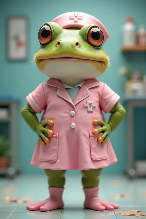 photorealistic portrait of Dressed animals - a ((fat)) baby (frog) nurse,(art by Carne Griffiths),(elegant pose:1.2),(furry),(hands on hips:1.2), (happy smile:1.5),(happy),high quality,(lovely) ,intricate details, highly detailed ((pink nurse clothes)), we...