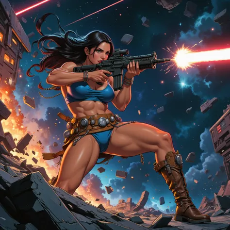 In a retro sci-fi style, illustrate a Native American space princess floating amidst wreckage in deep space during an intense zero-gravity battle. She wears a two-piece blue leotard with bare legs and a bare midriff, adorned with a thick leather belt featu...