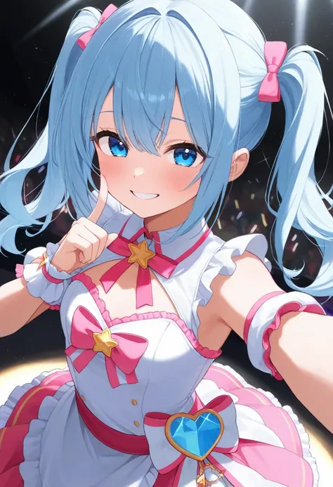 １ bashful girl、 twin tails、 light blue hair、smile、 idol